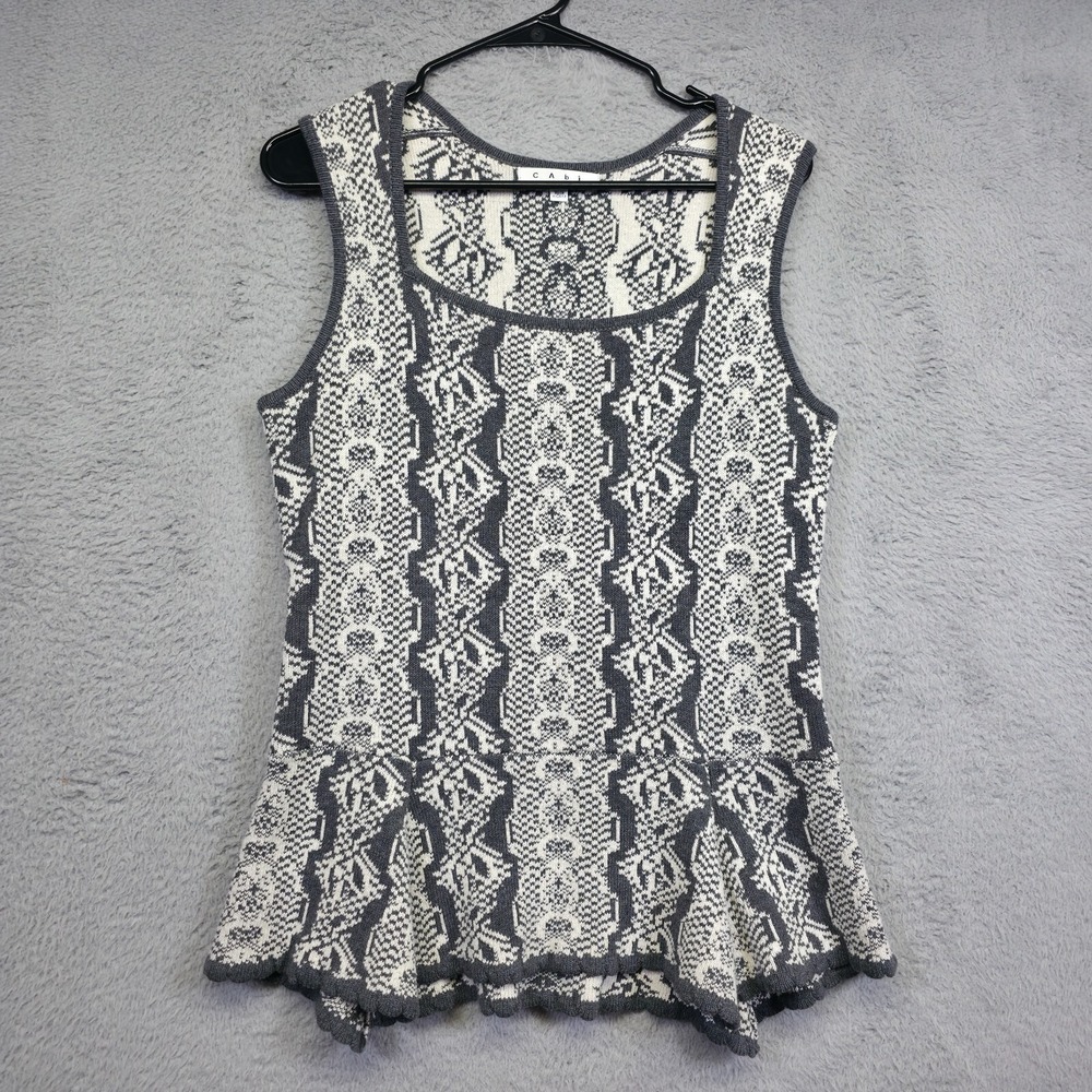 CAbi Sweater Top Women M Gray White WonderFall Me Peplum Hem Shell Tank Academia